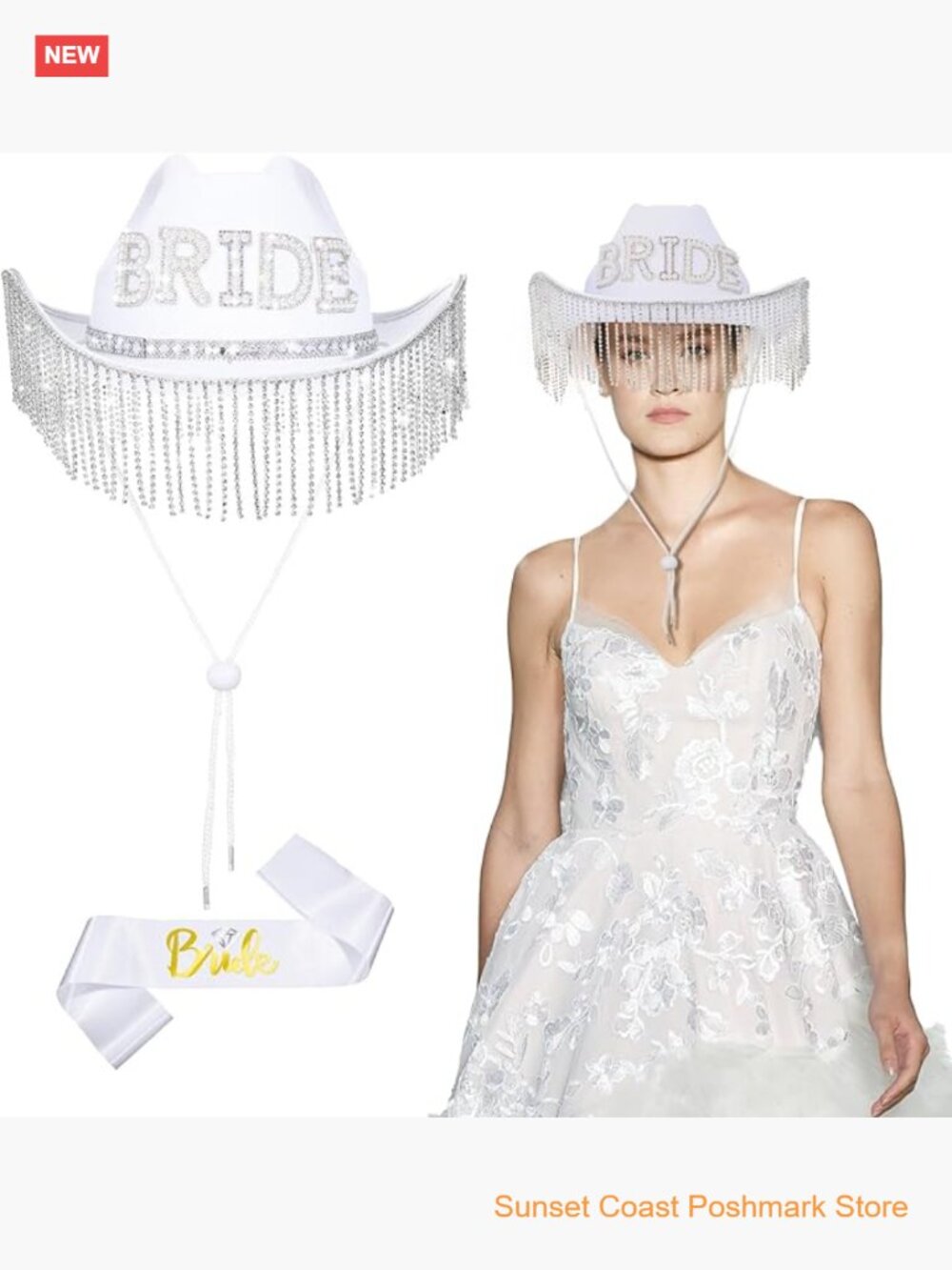 Bride Cowgirl Hat Set with Rhinestone Tassels Sash Bachelorette Party Cowboy Hat